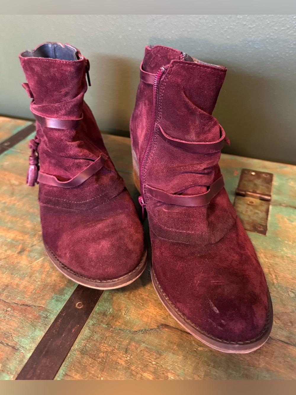 Unity in Diversity Burgundy Suede Ankle Boots with Tassel Wrap (size 39; 8.5 US)